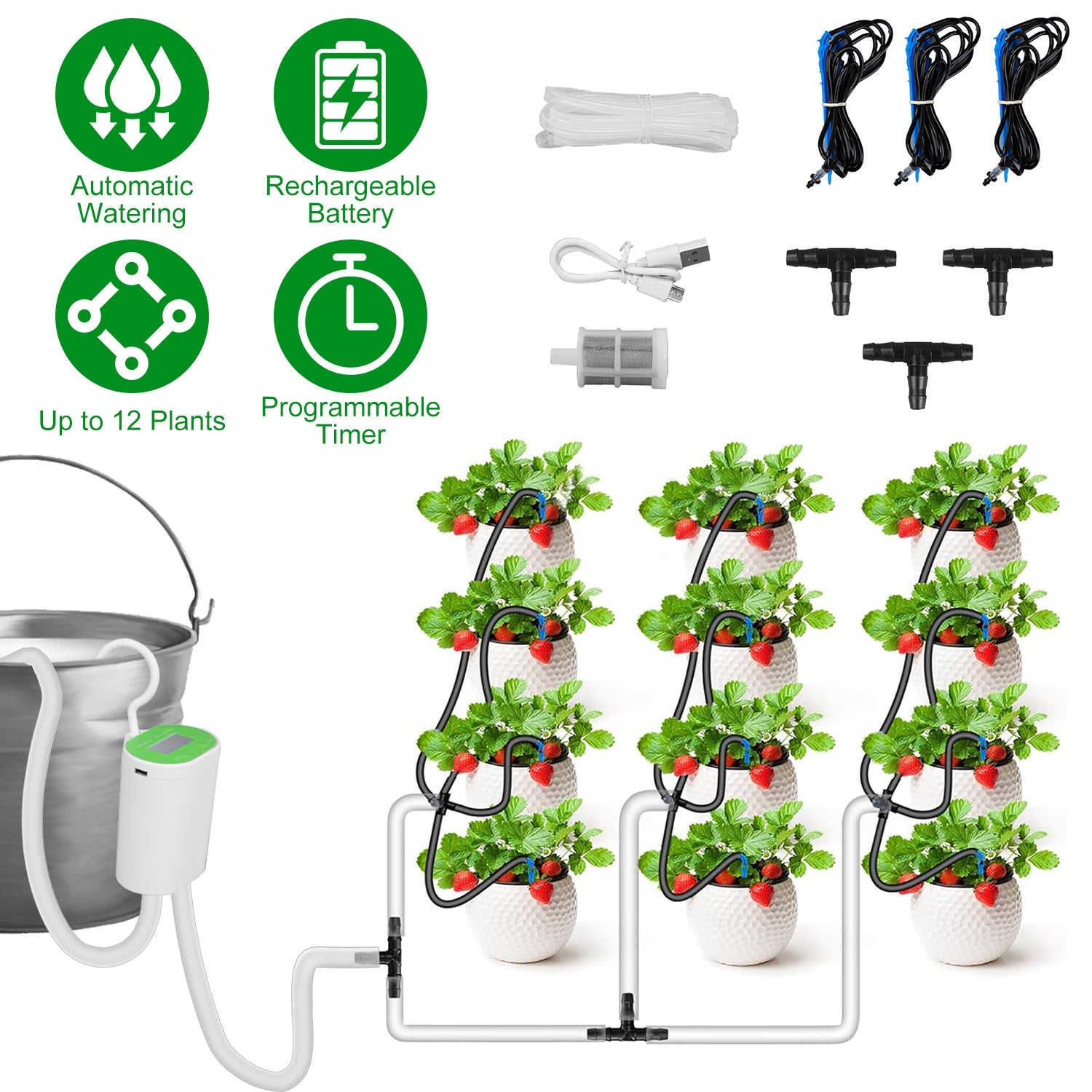 1Pc Automatic Watering System With Timer For 12Plants Rechargeable Battery Programmable Plant Watering Timer Drip Irrigation System For Indoor