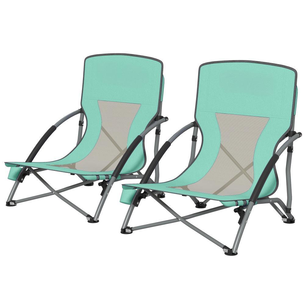 Set Of 2 Folding Beach Chairs With Mesh Back, Carry Bag And Cup Holder For Outdoor Camping Lawn Sports Picnic Turquoise