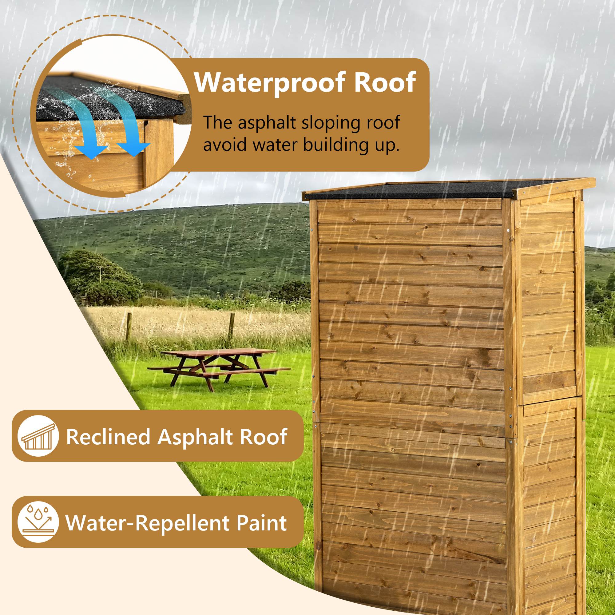 Outdoor Storage Cabinet, Wood Garden Shed, Pool Storage Shed With Lockable Door, Waterproof Roof And 2 Removable Shelves, Vertical Outside Storage Shed For Patio, Backyard And Lawn