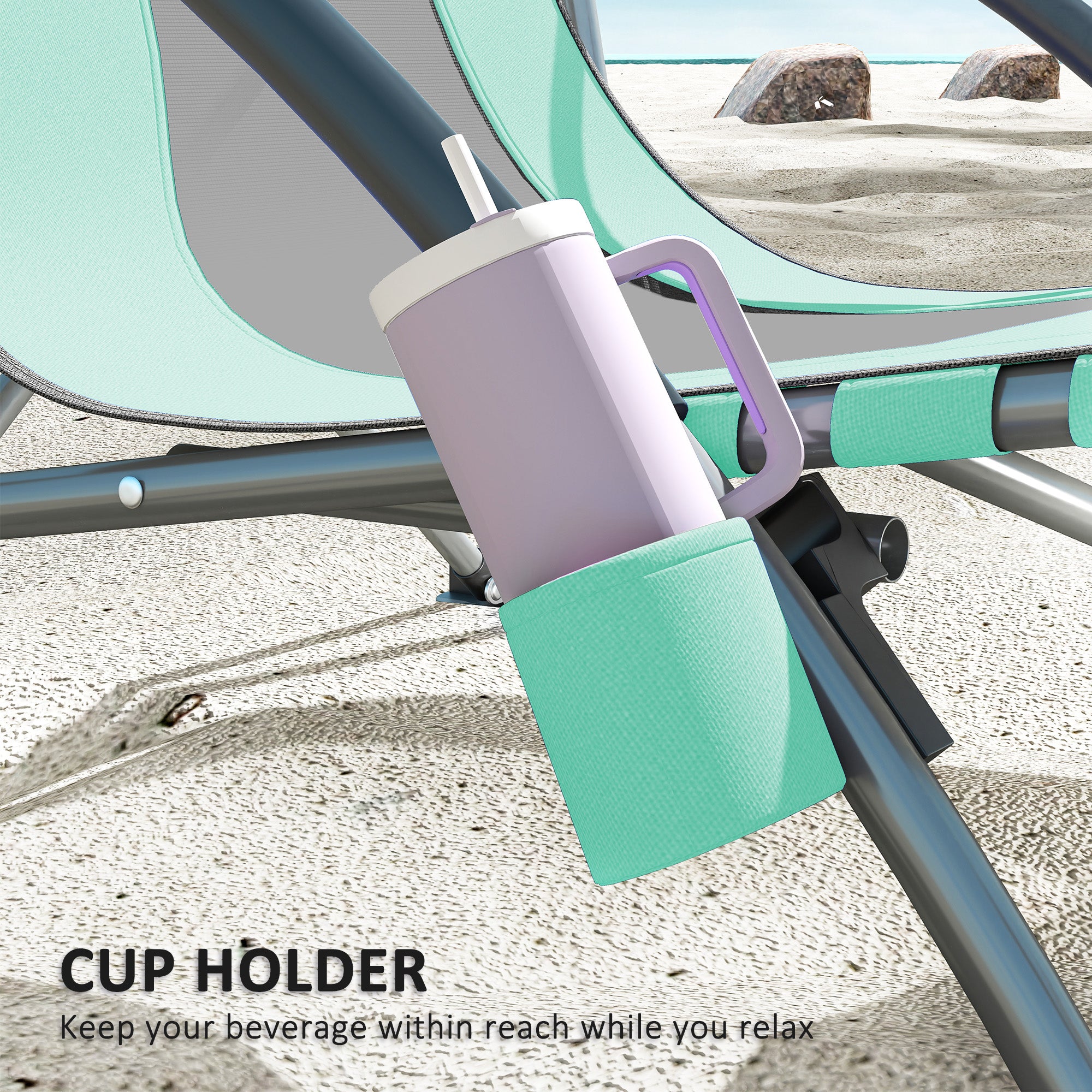 Set Of 2 Folding Beach Chairs With Mesh Back, Carry Bag And Cup Holder For Outdoor Camping Lawn Sports Picnic Turquoise