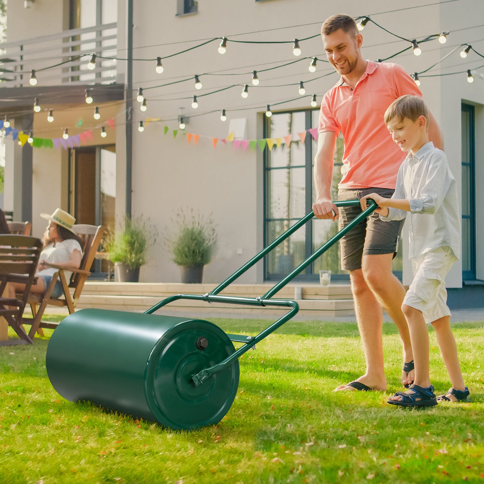 24 Inch Green Iron Lawn Roller Cylindrical Garden
