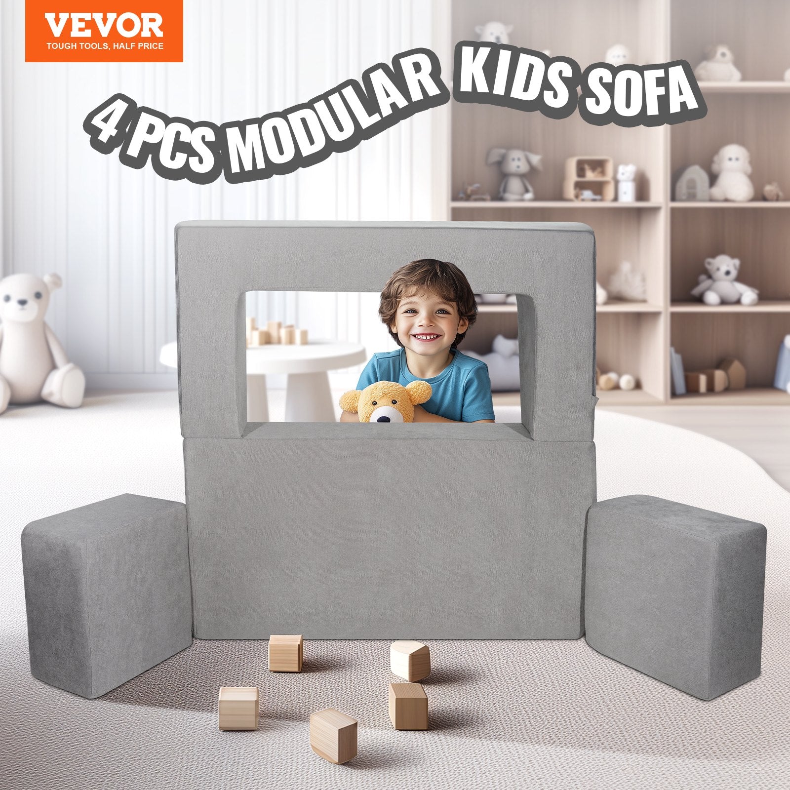 Kids Couch, 4Pcs Modular Kids Play Couch, Toddler Couch Sofa Bed, Kids Chair Seat Playroom Furniture, Child Sectional Sofa With Removable Cover For Kids Girls & Boys, Grey
