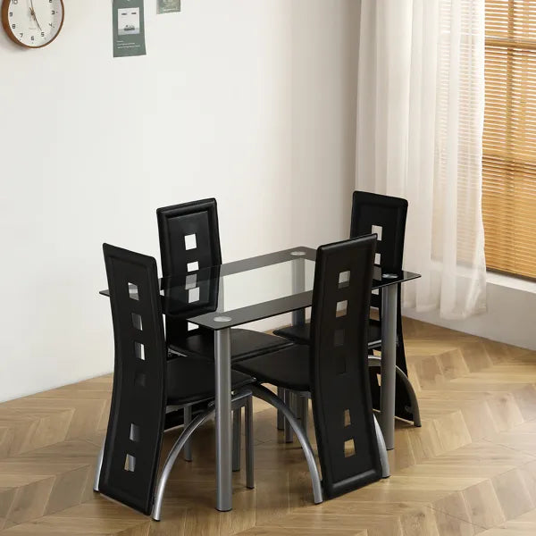 [Same Code: D0102H26NXU] 5 Pieces Dining Table Set For 4, Kitchen Room Tempered Glass Dining Table, 4 Chairs, Black, Table Legs Are Silvery