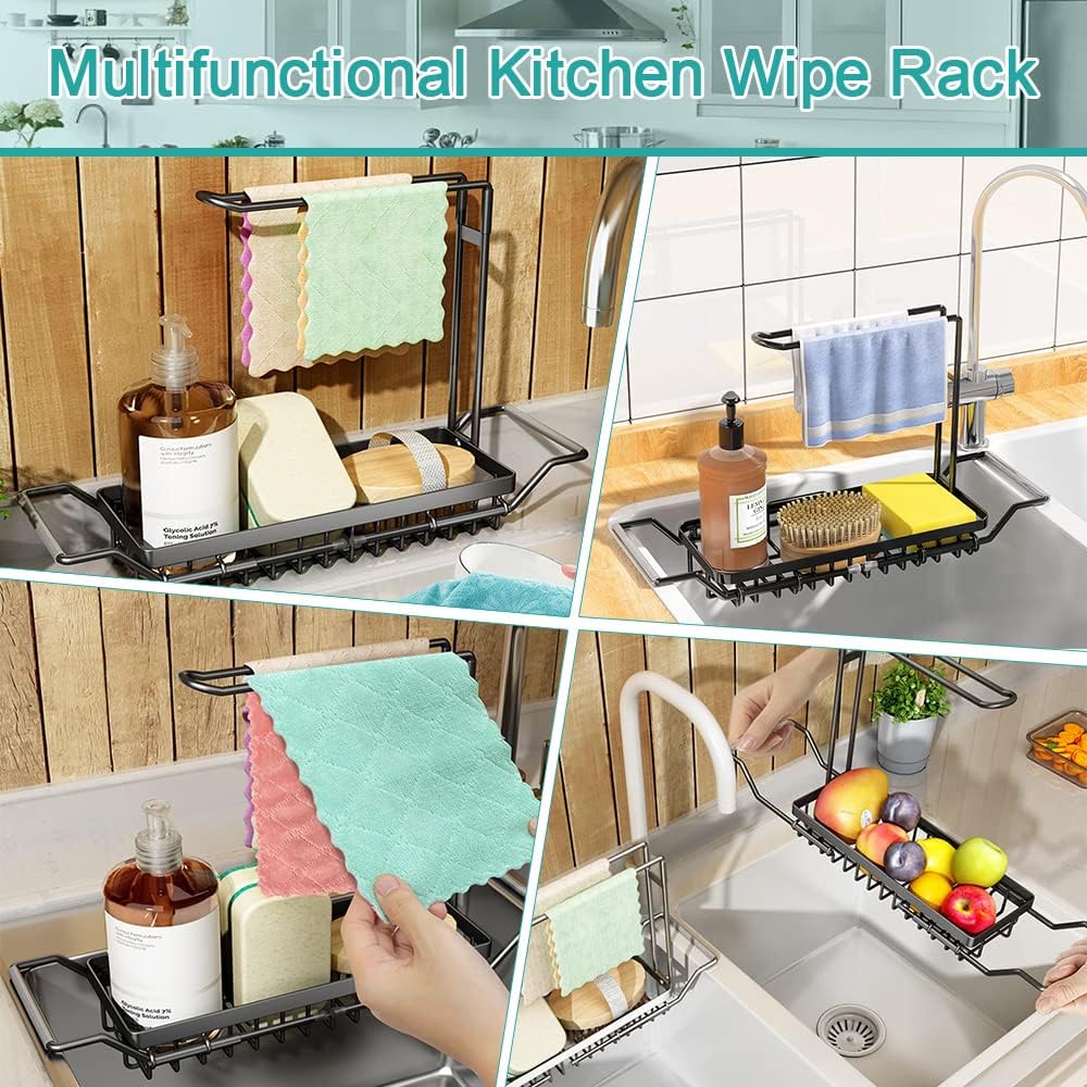 Expandable Kitchen Sink Caddy Organizer, Stainless Steel Over Sink Sponge, Bottle, Dishcloth, BrushTowel Holder, Rustproof Non-Slip - Small