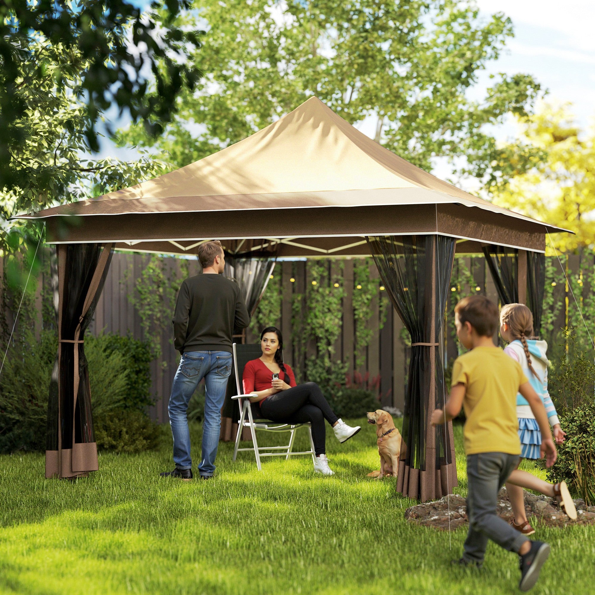 12 X 12 Ft. Canopy Tent With Mesh Netting, Up Tent With Carry Bag For Garden, Patio, Beige