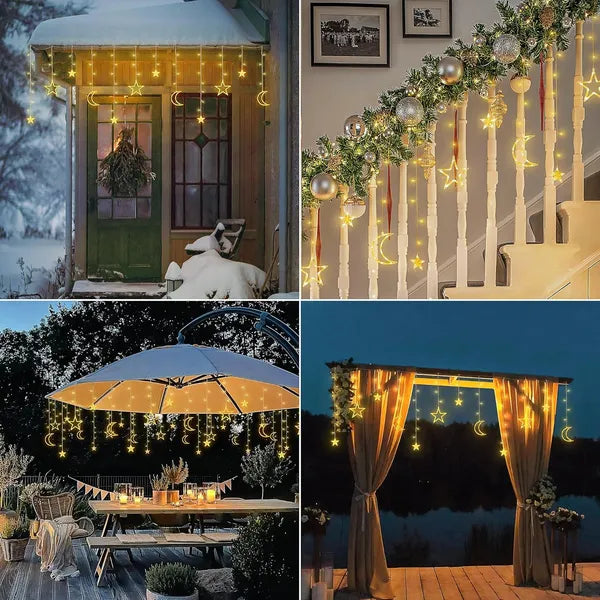 Ramadan Solar Icicle Lights,Outdoor Waterproof Moons Stars Curtain Window String With 8 Modes Timer Remote,USB Rechargeable Connectable Warm White Hanging Decor For Patio