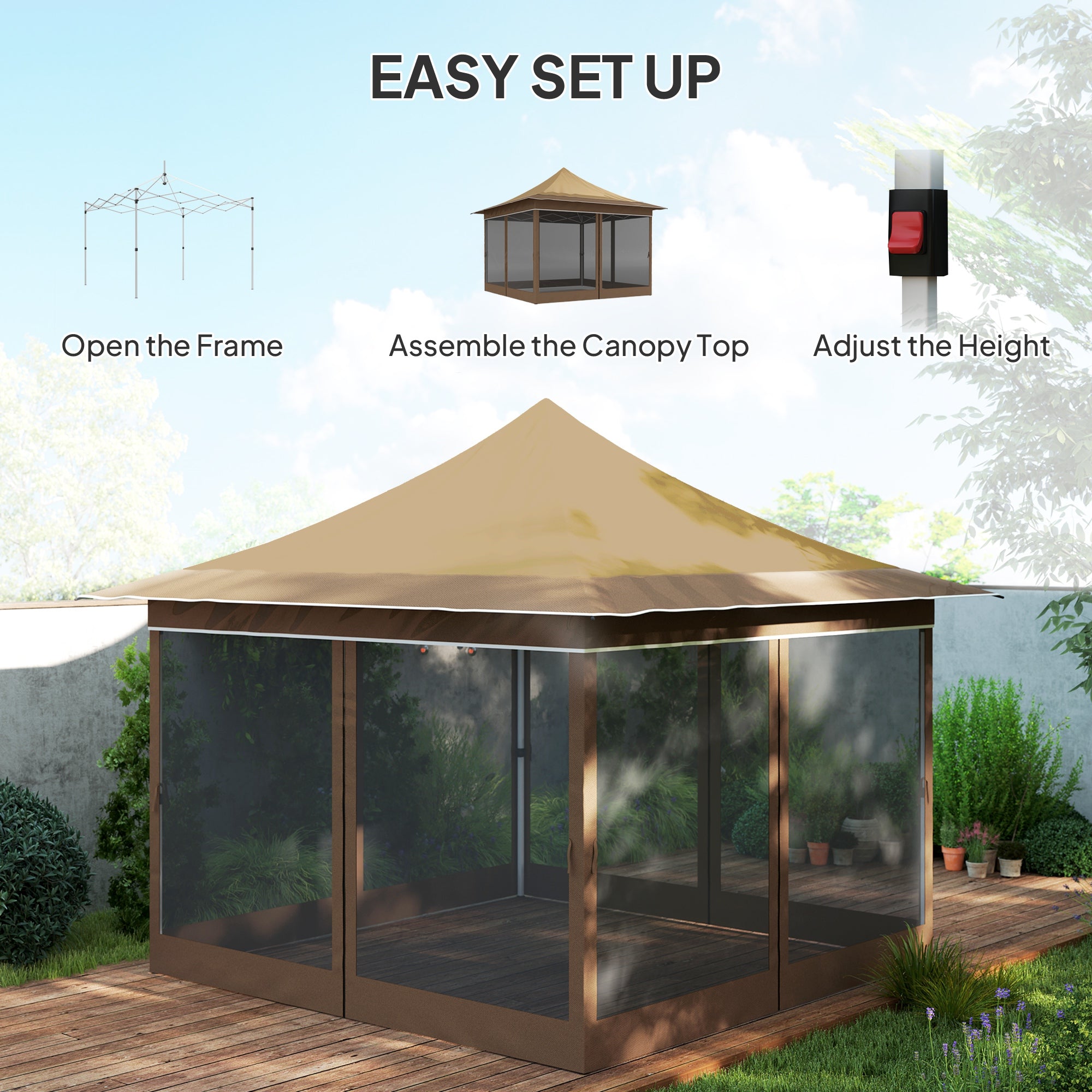 12 X 12 Ft. Canopy Tent With Mesh Netting, Up Tent With Carry Bag For Garden, Patio, Beige