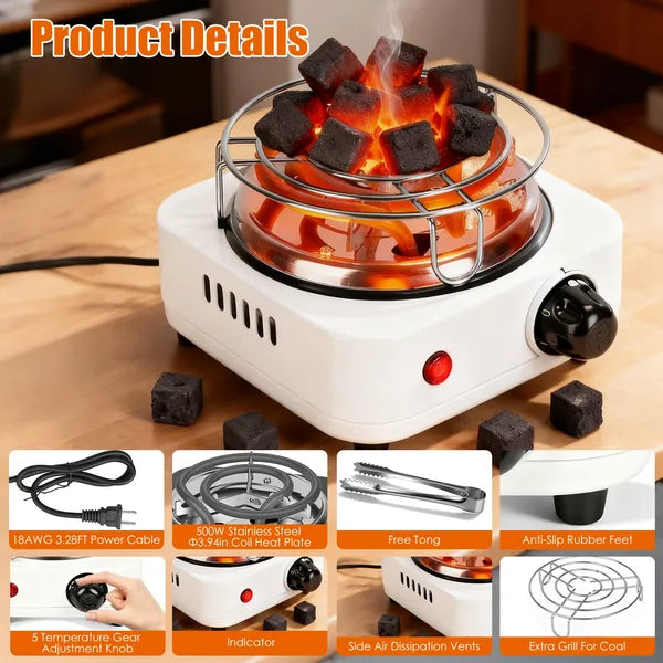 Electric Charcoal Burner 500W Hookah Charcoal Burner Compact Coal Burner For Hooka Cubes Shisha With Grill And Tongs 5 Temperature Gears Thermostat Control