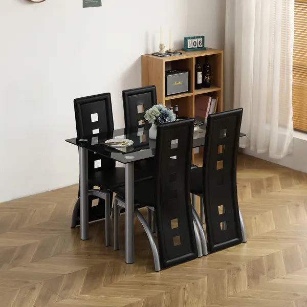 [Same Code: D0102H26NXU] 5 Pieces Dining Table Set For 4, Kitchen Room Tempered Glass Dining Table, 4 Chairs, Black, Table Legs Are Silvery
