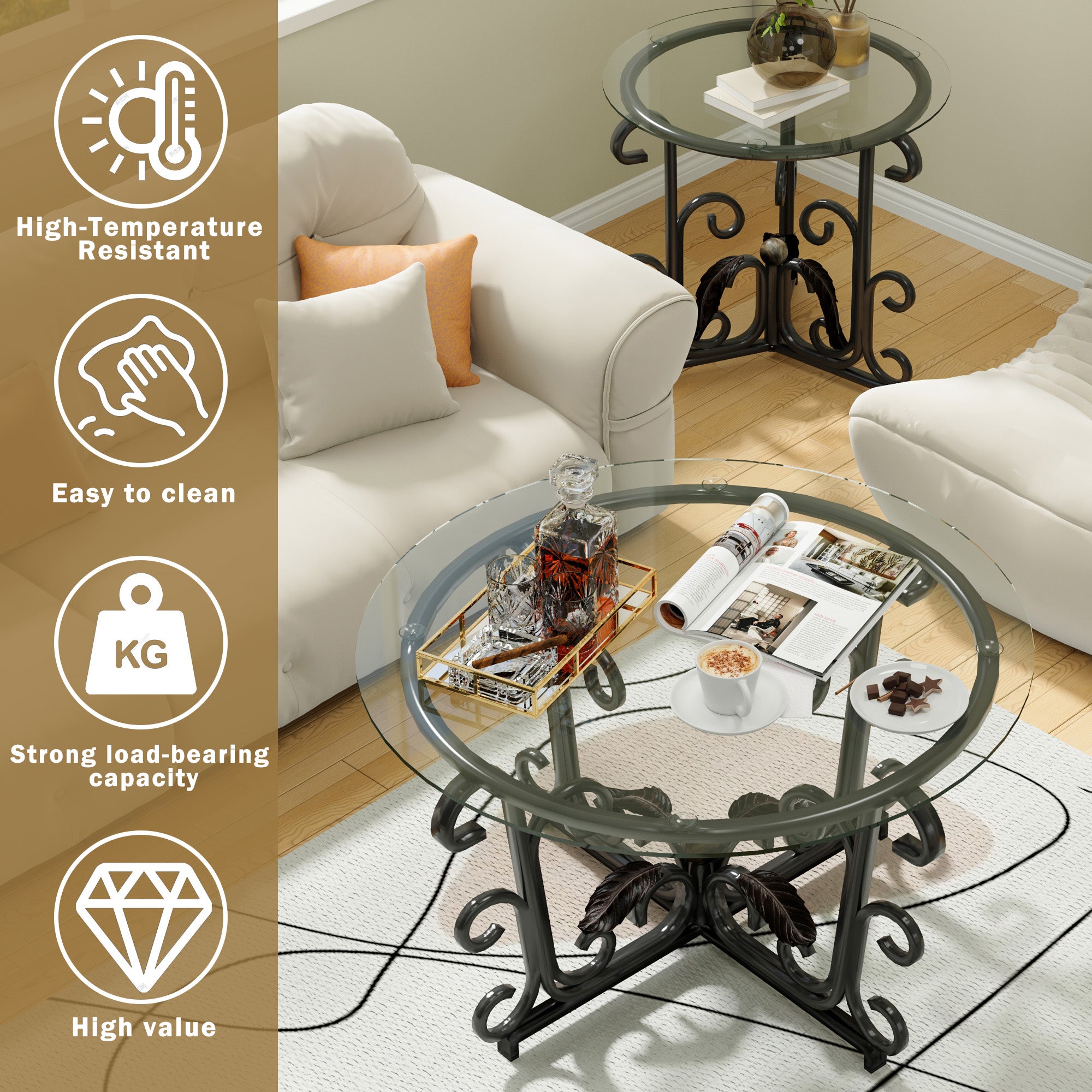3-Piece Coffee Table Set, Tempered Glass Surface With Sturdy Metal Frame Modern Living Room Sets 1 Coffee Table & 2 End Tables