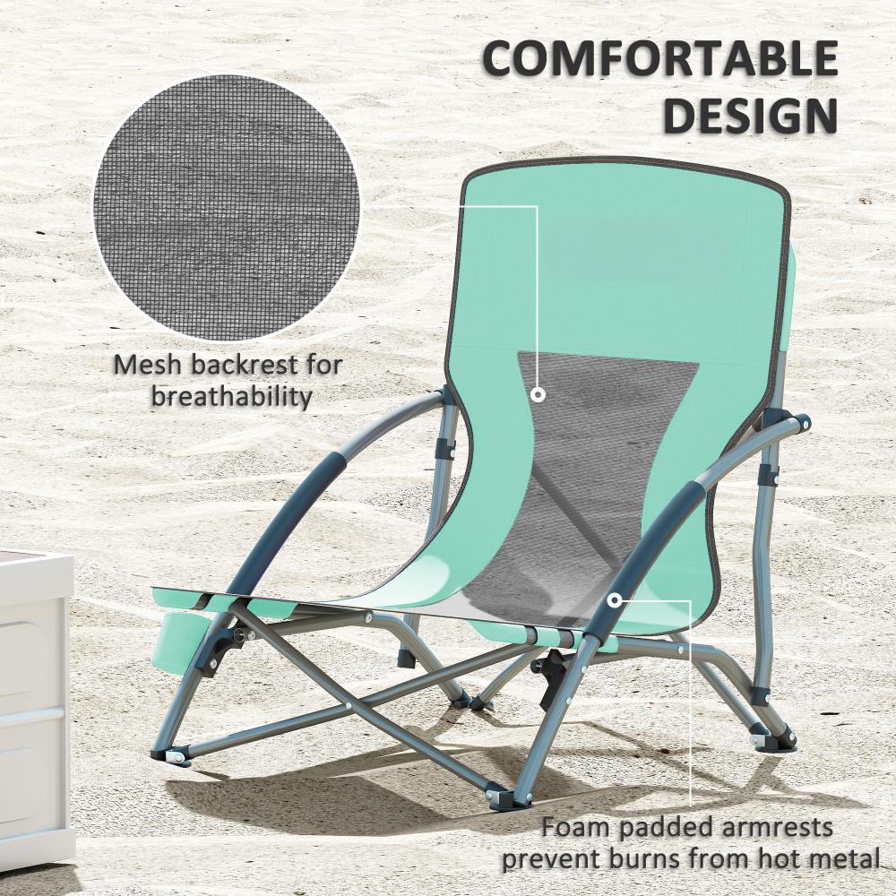 Set Of 2 Folding Beach Chairs With Mesh Back, Carry Bag And Cup Holder For Outdoor Camping Lawn Sports Picnic Turquoise