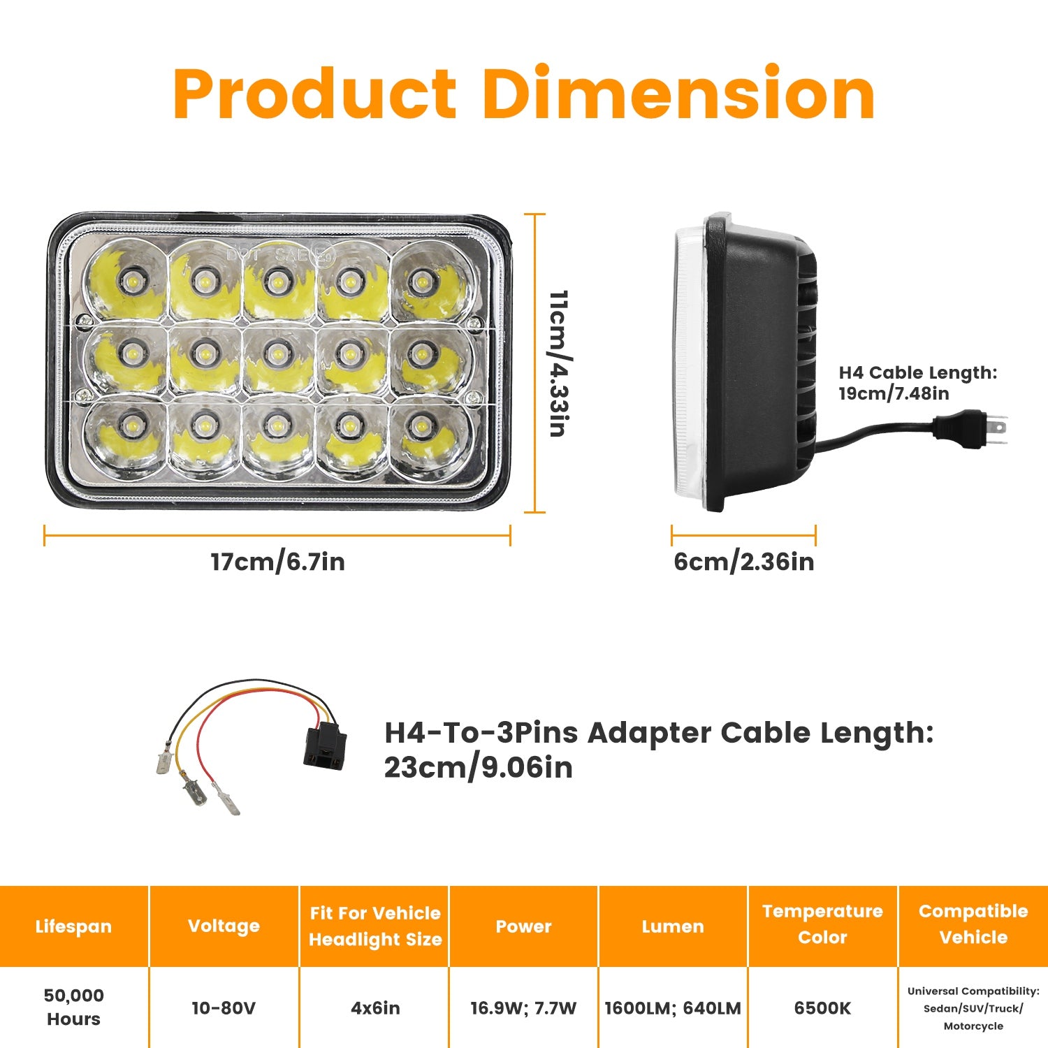 LED Headlights H4-High & Low Beam White Light for Cars 7 Motorcycles (2pcs)
