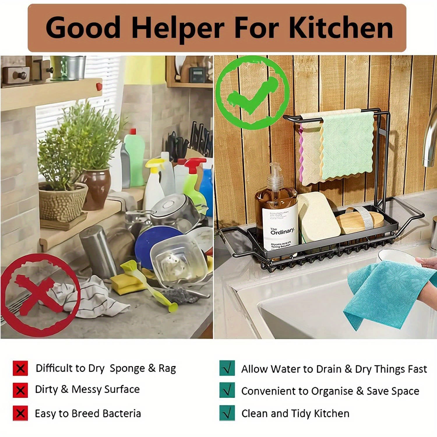 Expandable Kitchen Sink Caddy Organizer, Stainless Steel Over Sink Sponge, Bottle, Dishcloth, BrushTowel Holder, Rustproof Non-Slip - Small