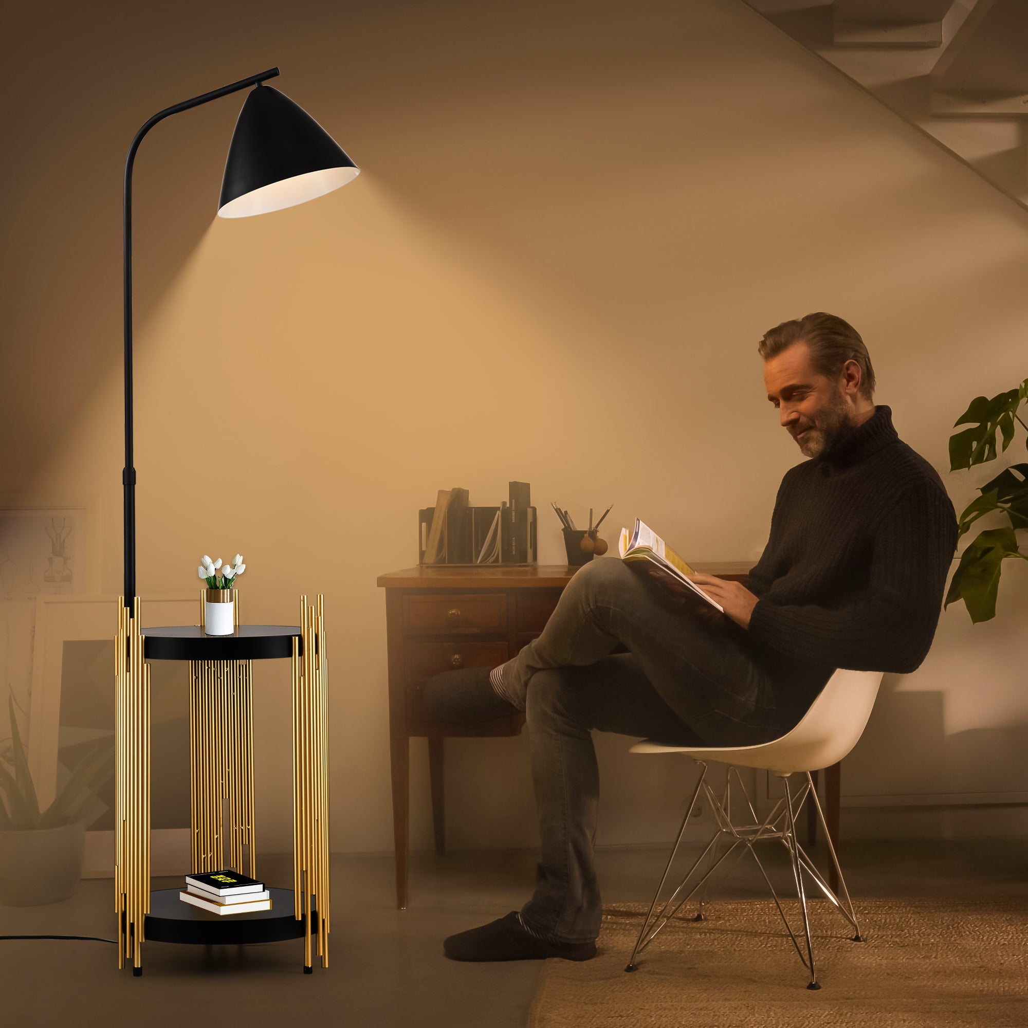 Luxury Shelves Floor Lamp For Living Room With Metal Lampshade, Standing Lamp Tall Industrial Floor Lamp Reading For Bedroom, Office E26 No Included Bulb -Matte Gold Matte Black