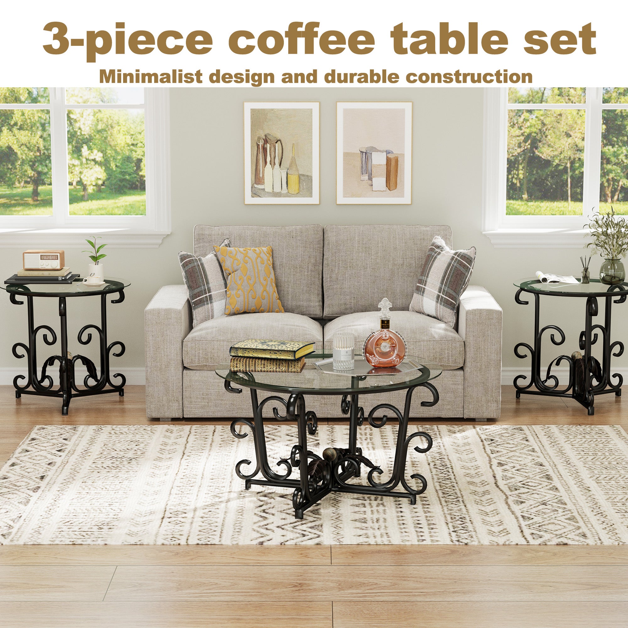 3-Piece Coffee Table Set, Tempered Glass Surface With Sturdy Metal Frame Modern Living Room Sets 1 Coffee Table & 2 End Tables