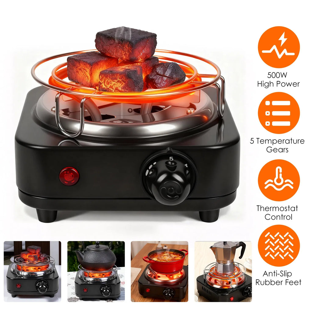 Electric Charcoal Burner 500W Hookah Charcoal Burner Compact Coal Burner For Hooka Cubes Shisha With Grill And Tongs 5 Temperature Gears Thermostat Control