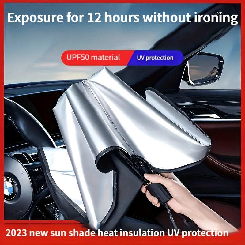 Car Front Window Sunshade UPF50-Roll-Up UV Protection Curtain (Black)